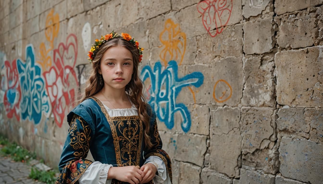 Girl in Renaissance Dress with Graffiti Art