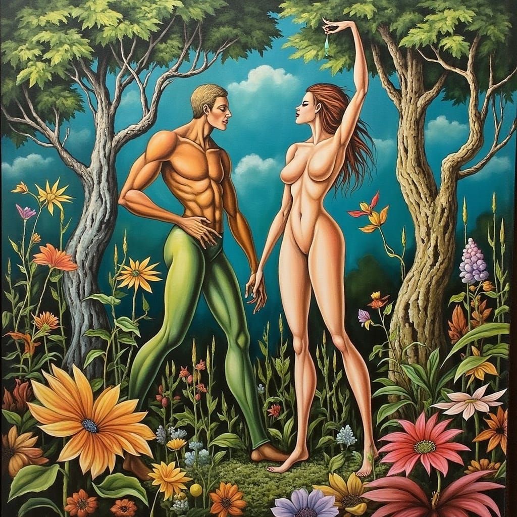 Adam and Eve in Eden, a Surrealist Oil Painting