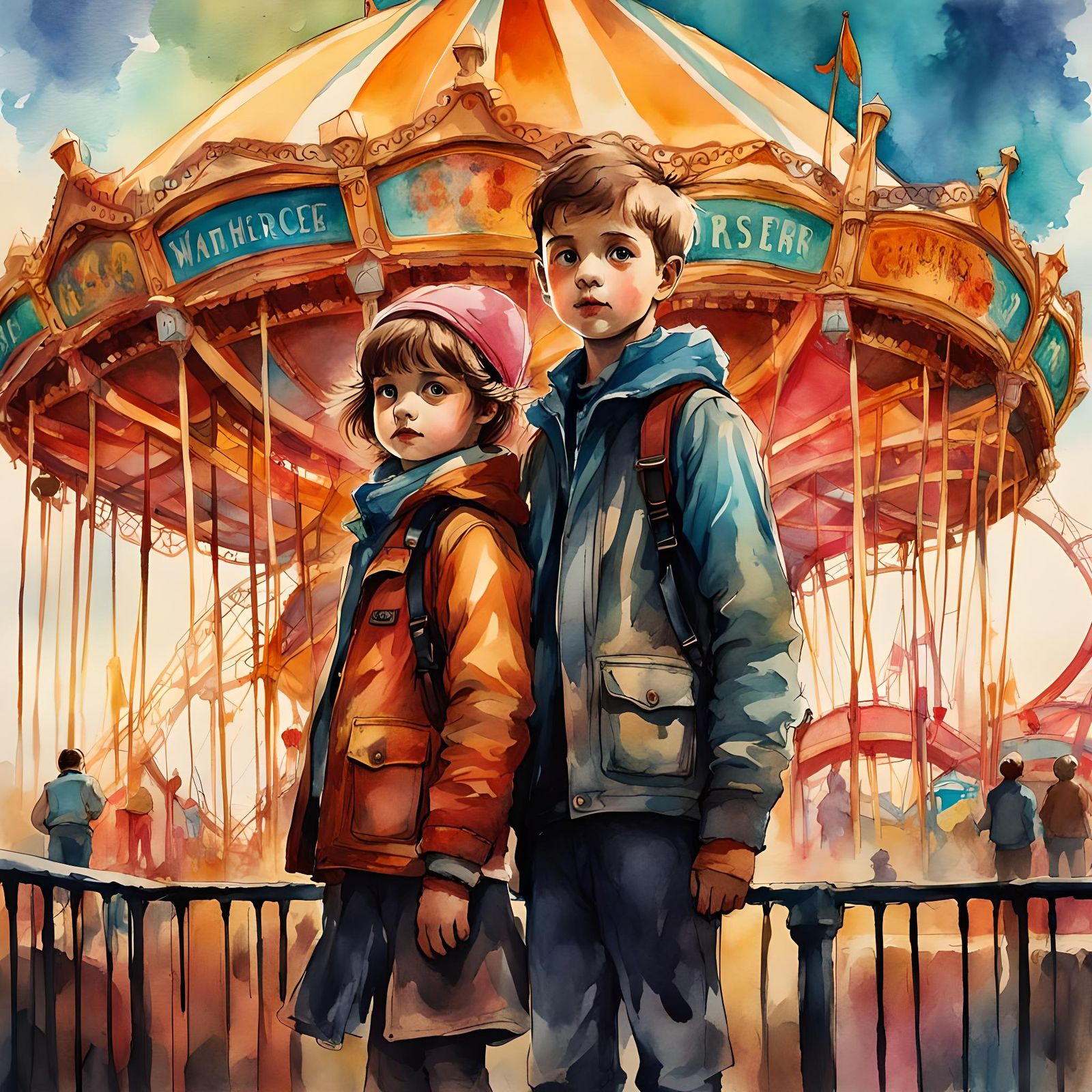 Amusement Park Illustration in Ink and Watercolor