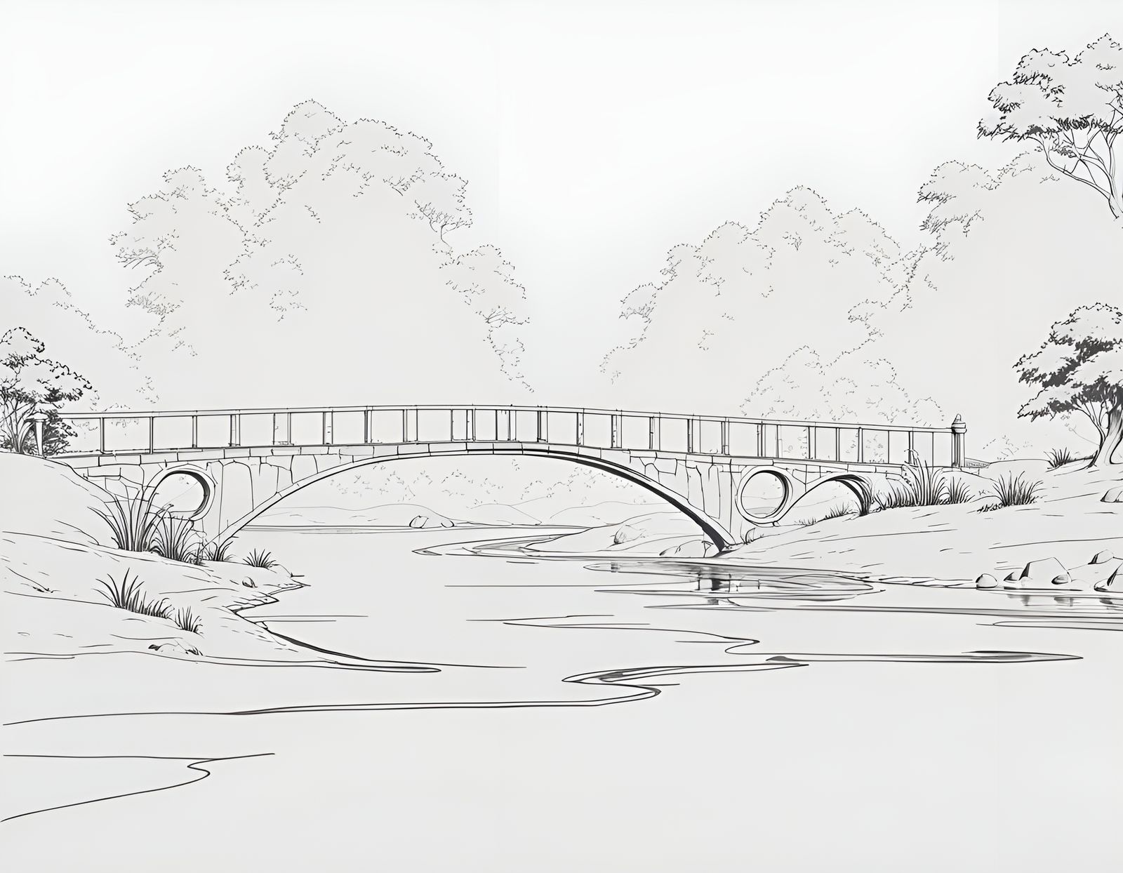 Fantastical Stone Bridge Over River in Matte Painting Style