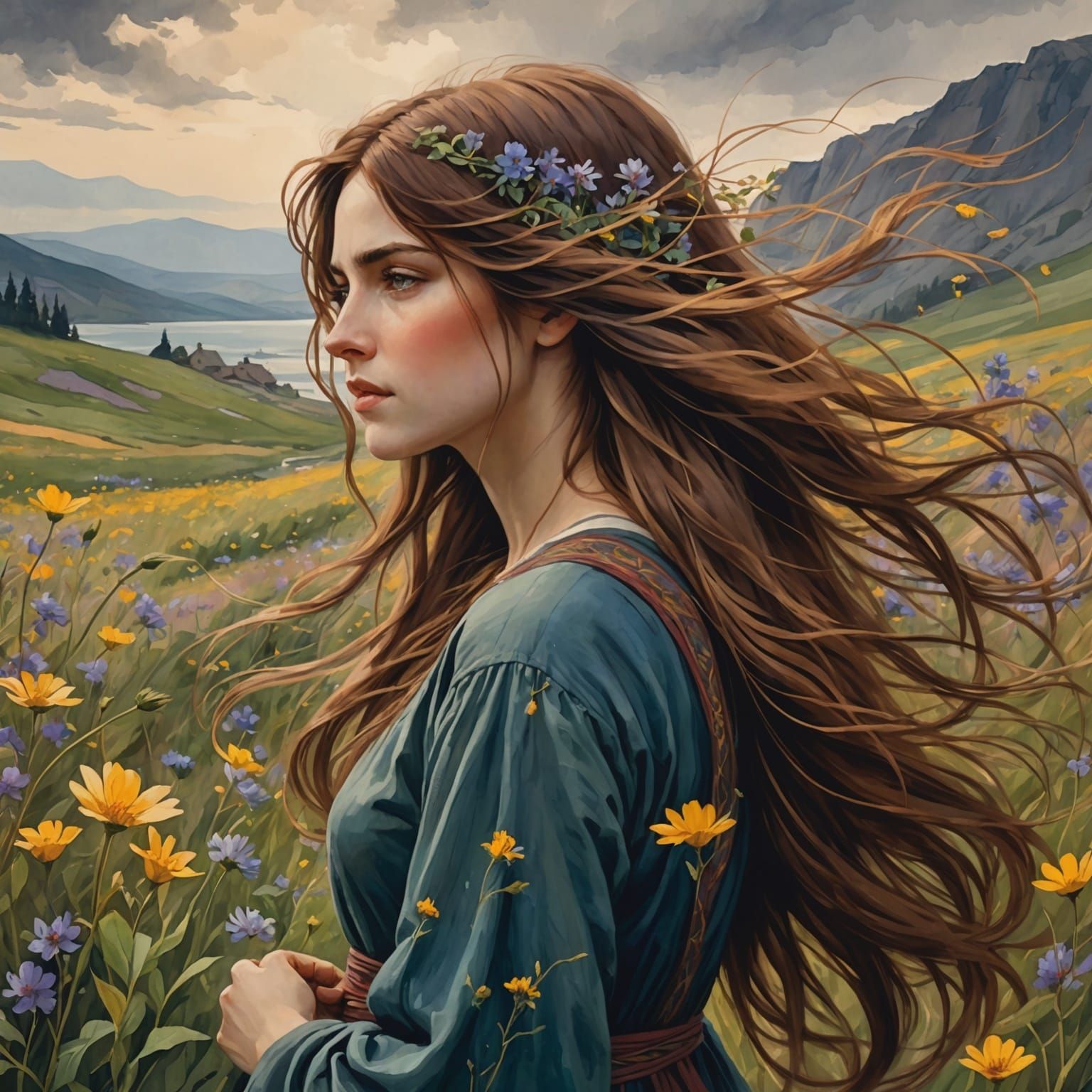 Woman in Windblown Wildflowers: Waterhouse-Style Anime
