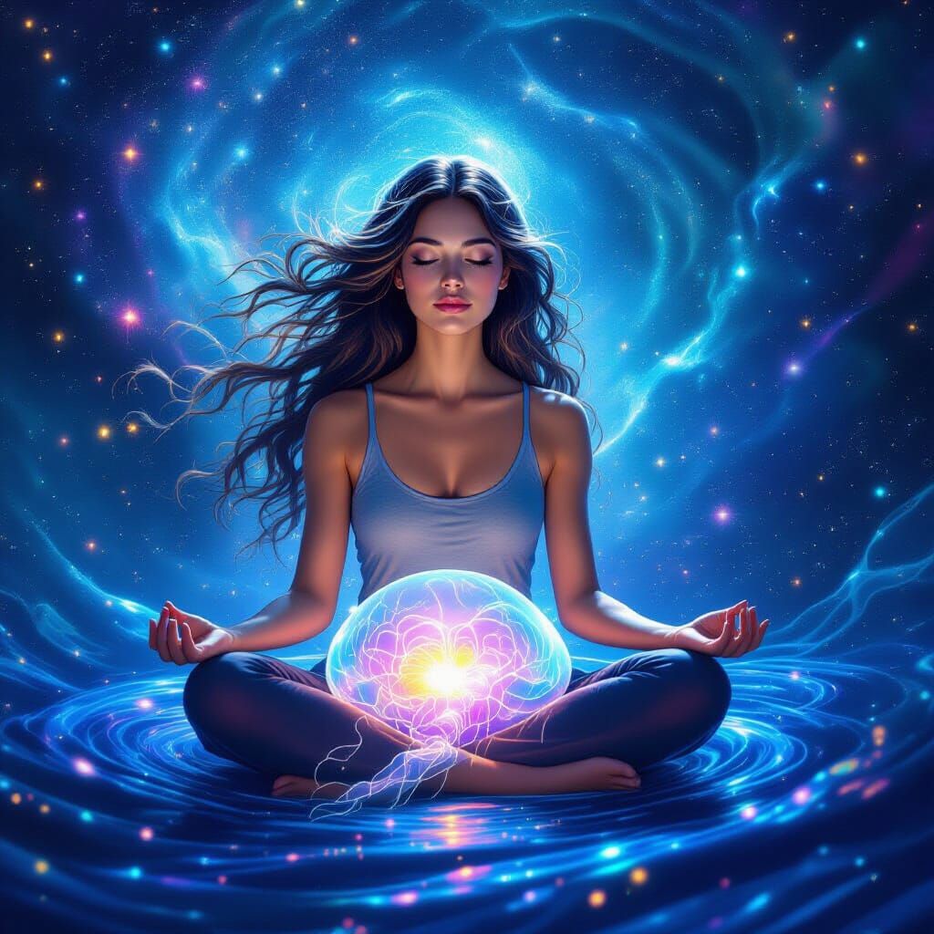 Starlight Woman Meditating on Bioluminescent Jellyfish