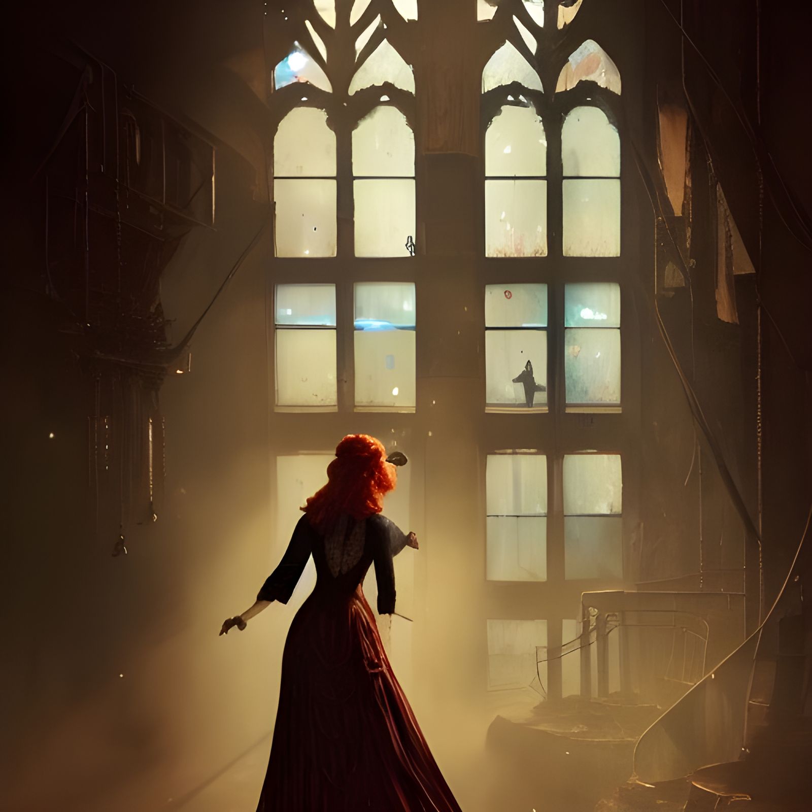 Steampunk Lady Gazing into Cityscape, Art Nouveau Style