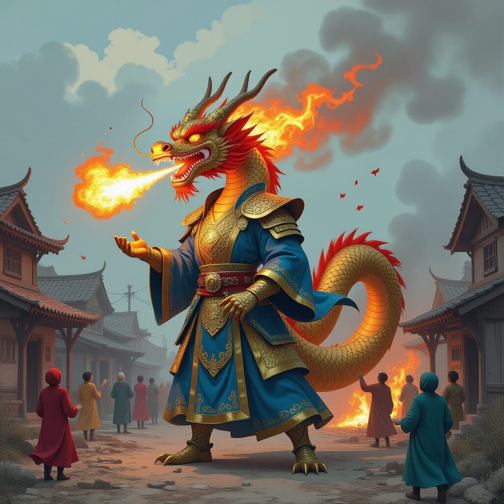 Fiery Dragon Ravages Town in Dystopian Style