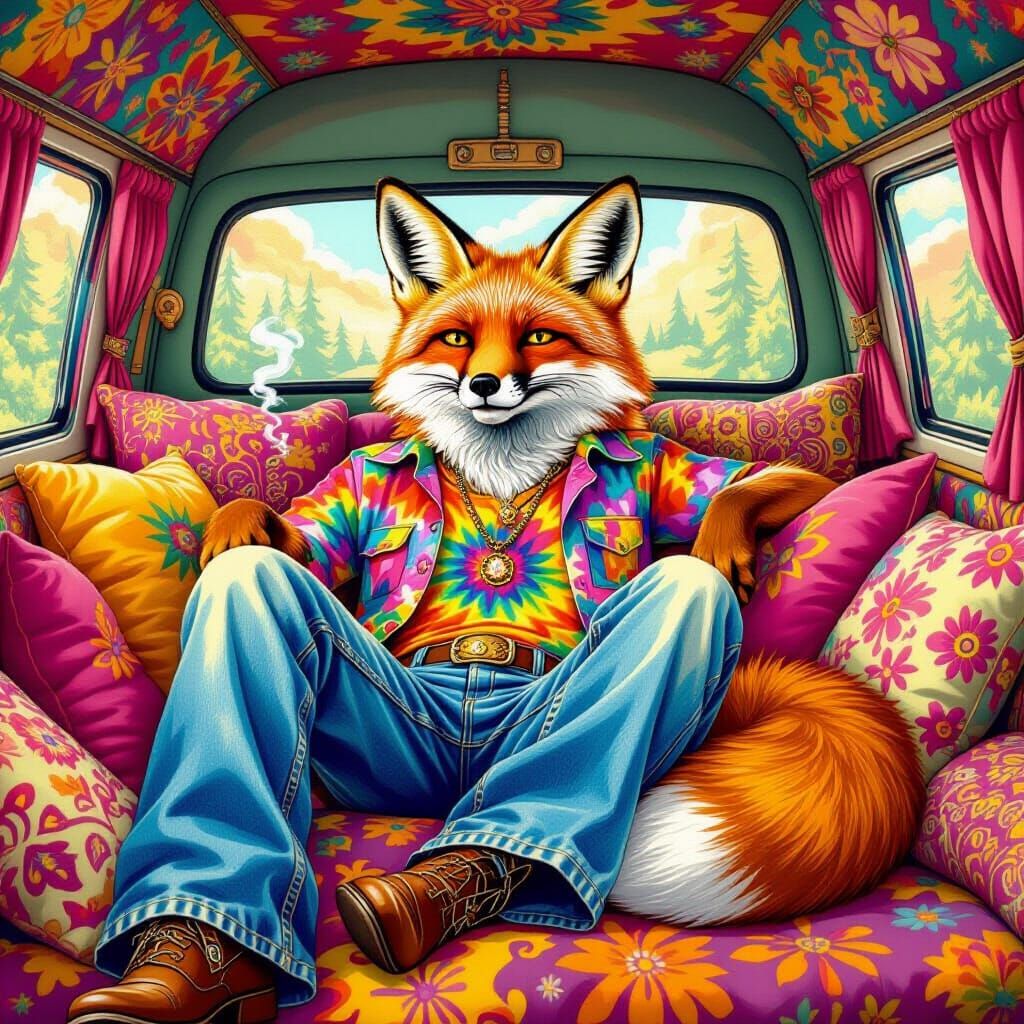 Psychedelic Fox in 60s Hippie Van