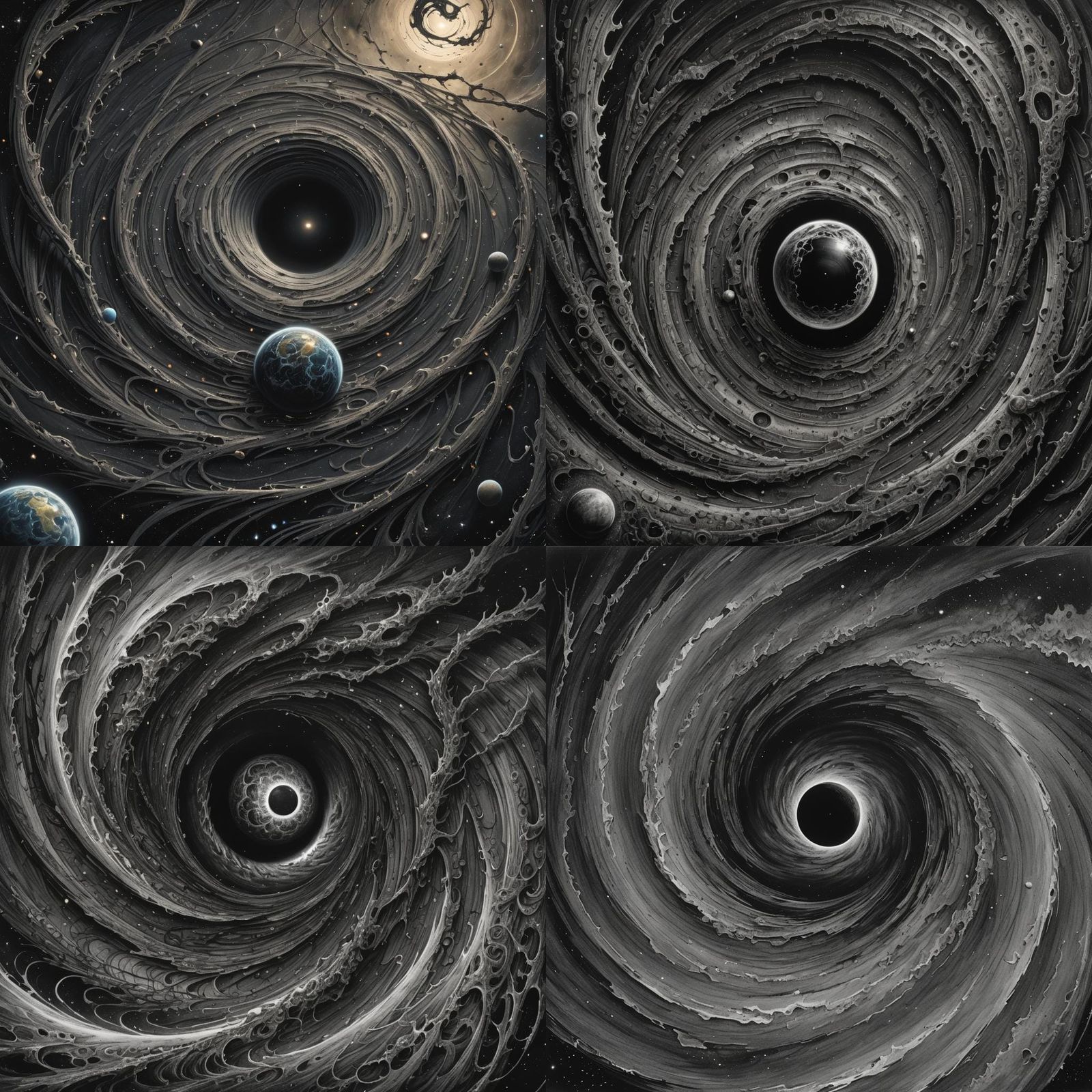 Hyperdetailed Charcoal Drawing: Planet in Black Hole