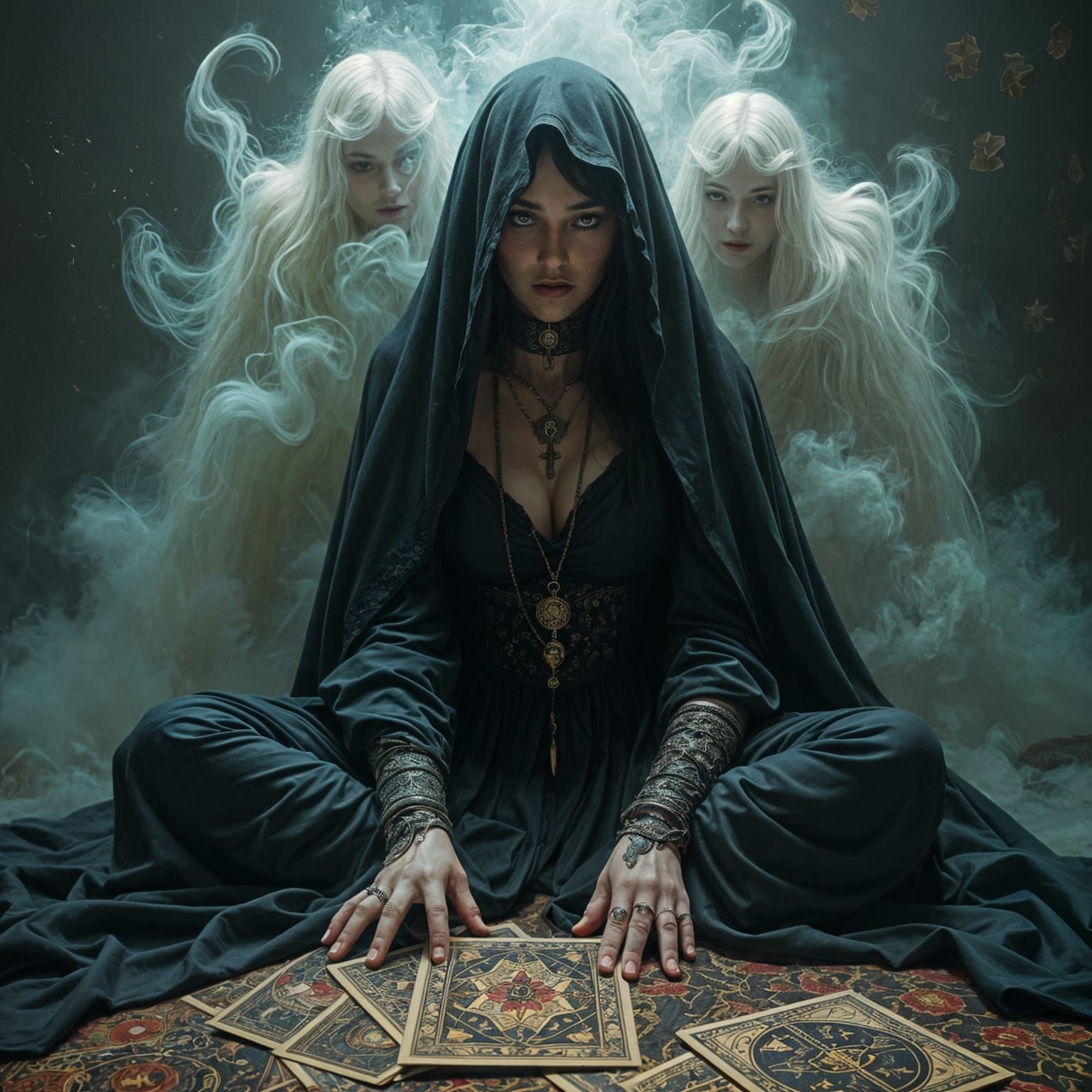 Witch Reading Tarot Cards with Spirits