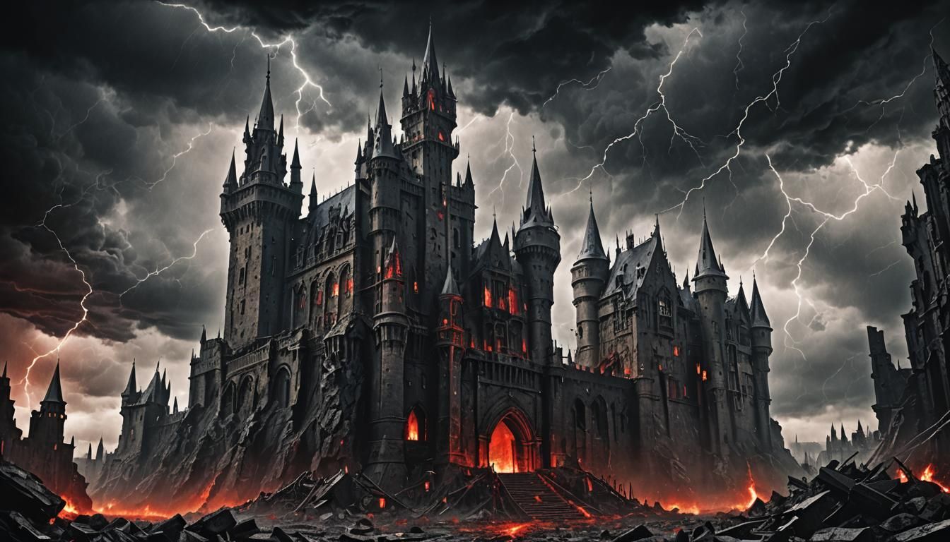 Gothic Castle Amidst Stormy Landscape in Heavy Metal Style
