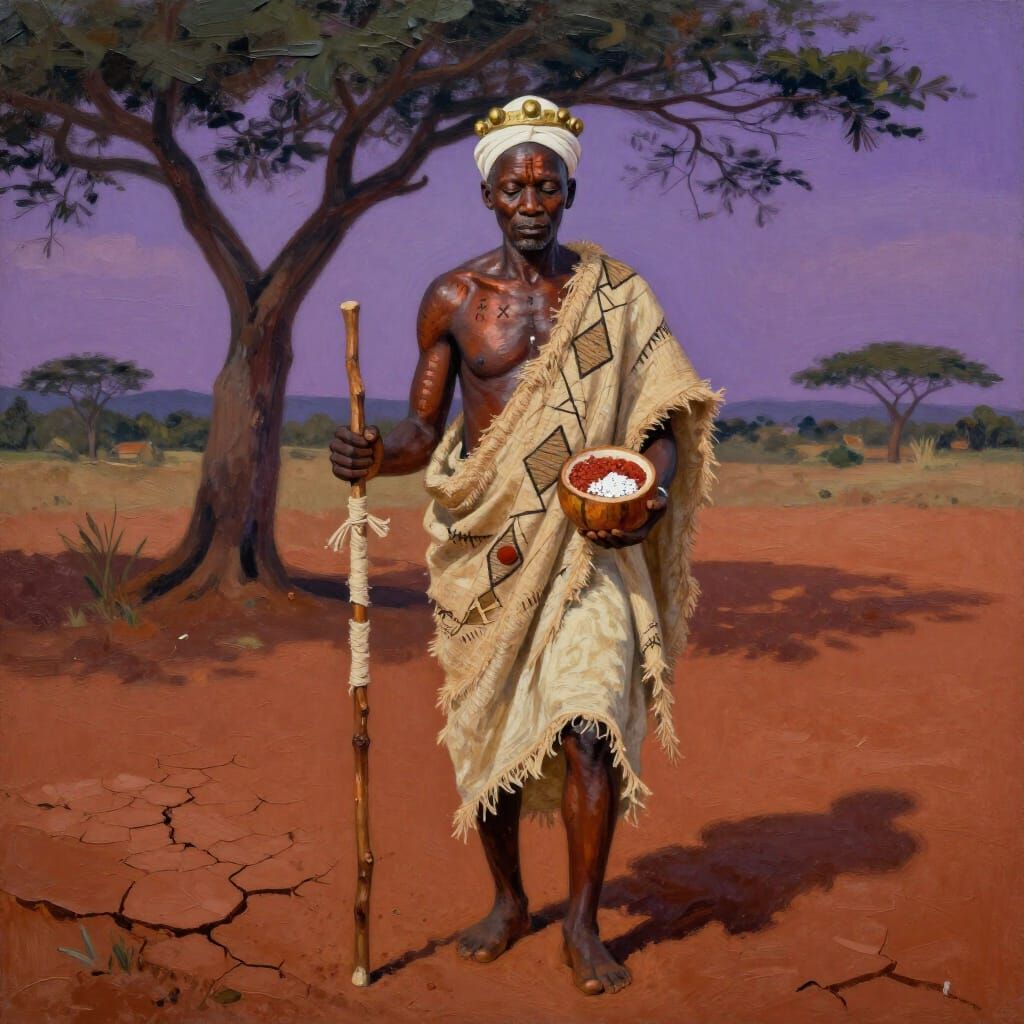 Yoruba Orisha Babalú Ayé on Cracked Earth at Twilight