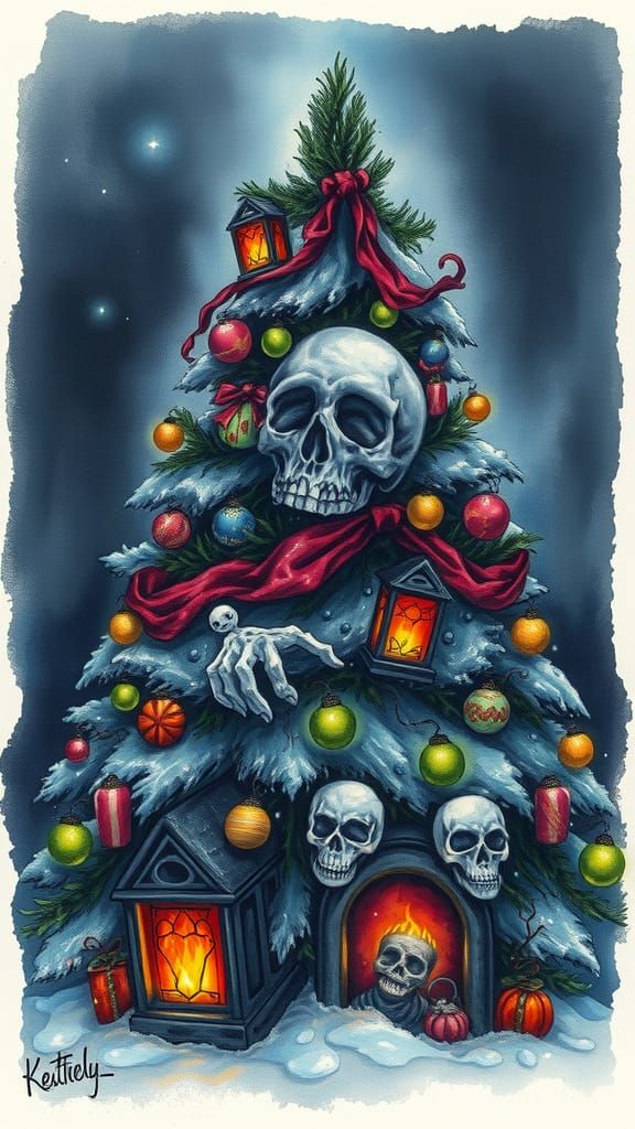 Haunted Scary Christmas Tree in Watercolor Style