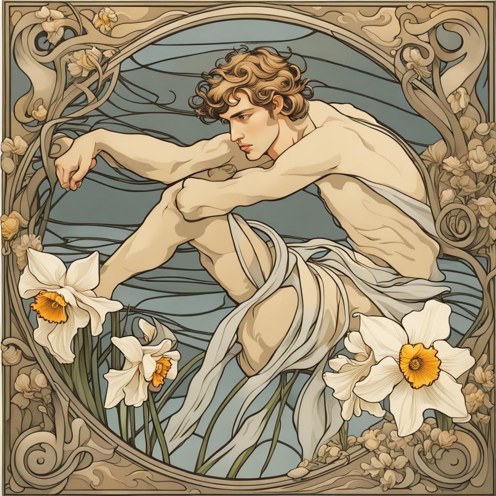 Narcissus Reflecting, Art Nouveau Style