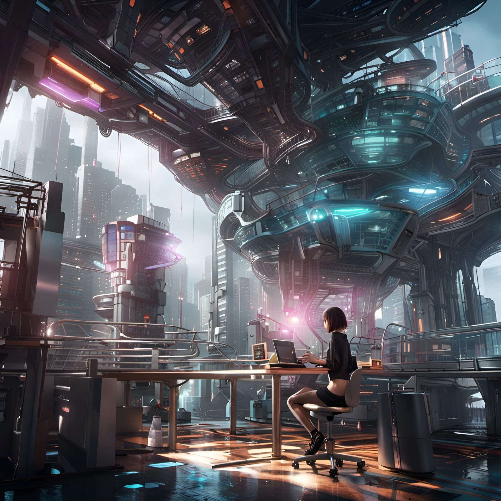 Anime Girl Repairs Alien Tech in Brutalist City