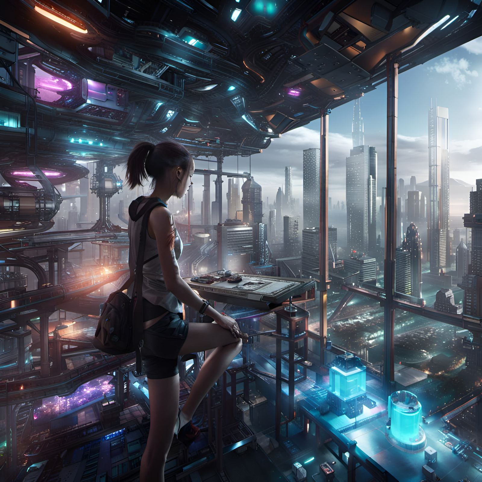 Anime Girl Designs Alien Tech in Brutalist City