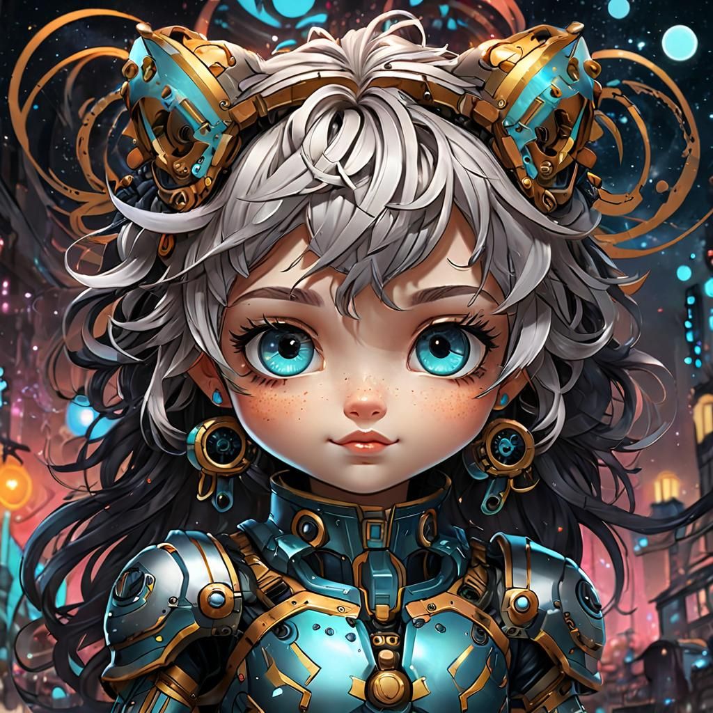 Adorable Chibi Portrait with Mecha and Graffiti Details