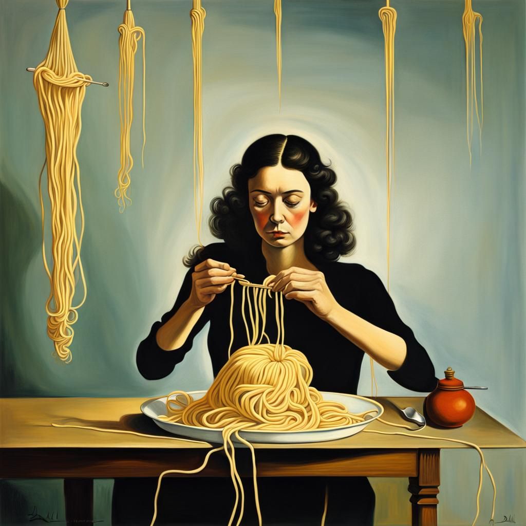 Woman Knitting Spaghetti: Surrealist Oil Painting