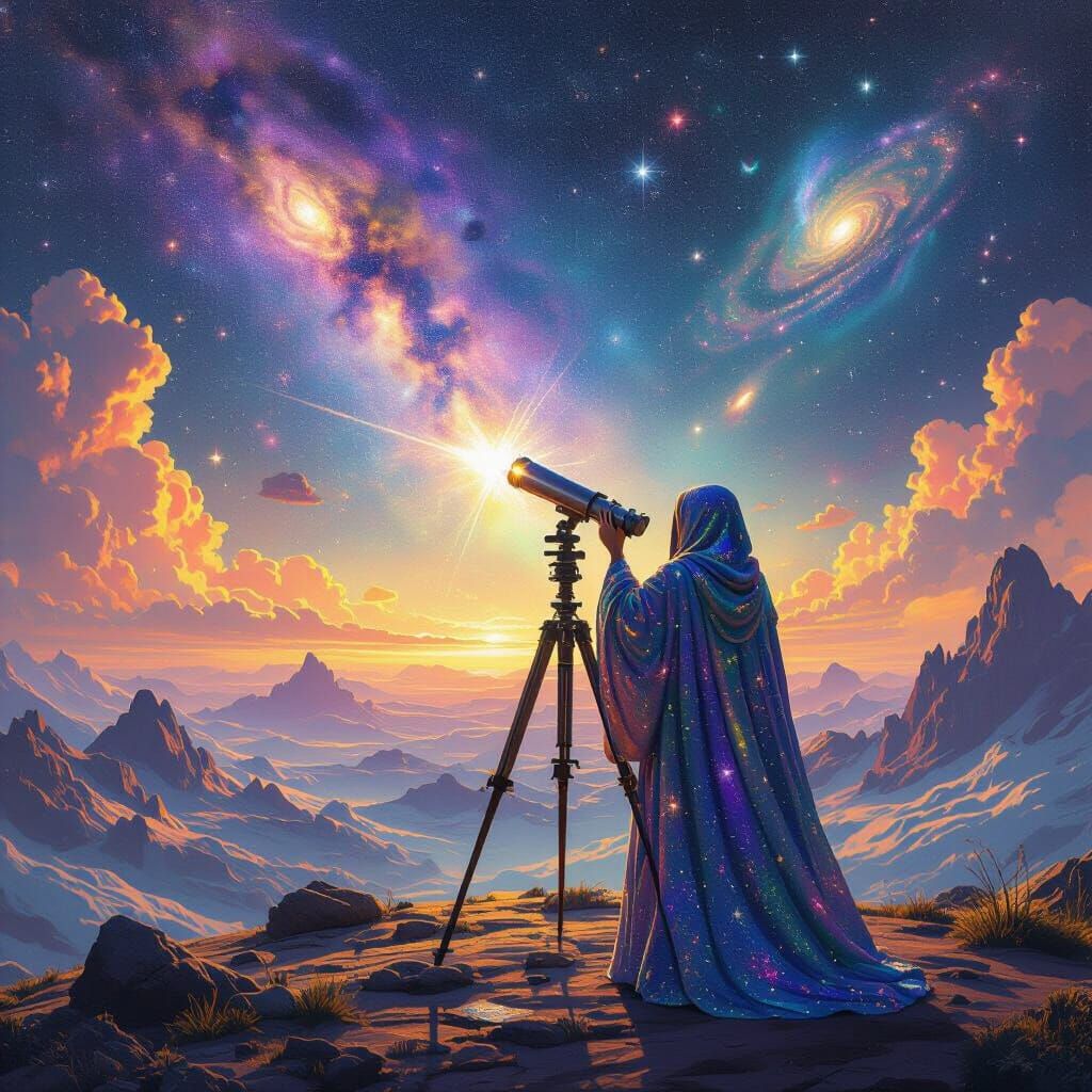 Cosmic Stargazer on Rainbow Planet in Surrealist Style