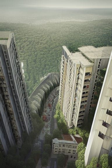 Cliffside Village Architecture in Sunny Environment Concept ...