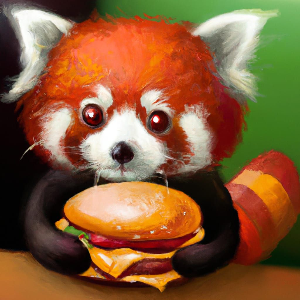 Chibi Red Panda Eating Burger, Digital Painting