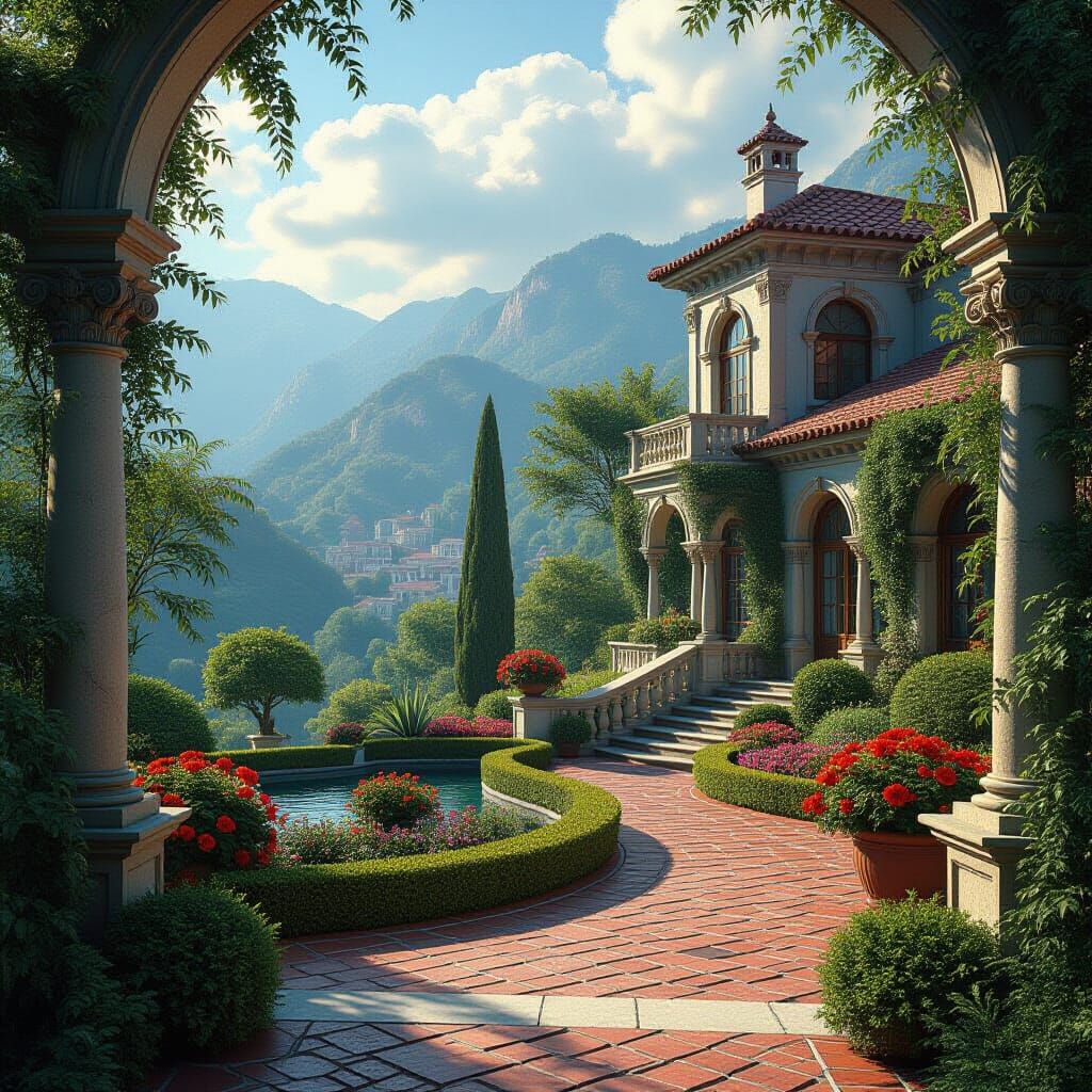Picturesque Garden in Digital Matte Painting Style