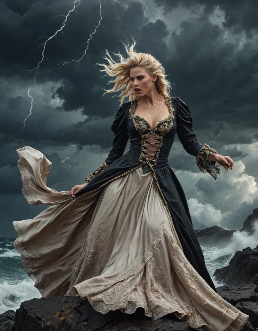 Pirate Woman Defiant on Stormy Shore, a Digital Painting