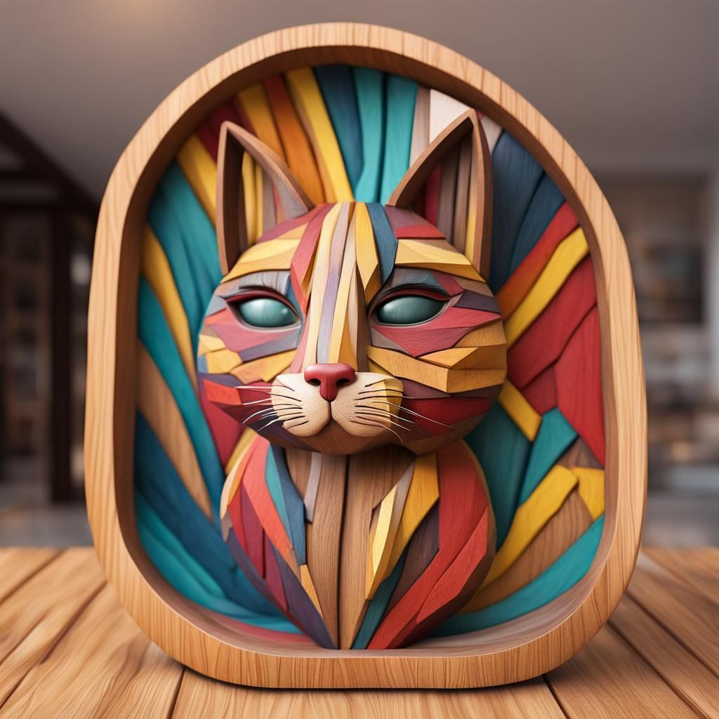 Colorful 3D Wooden Cat Carving