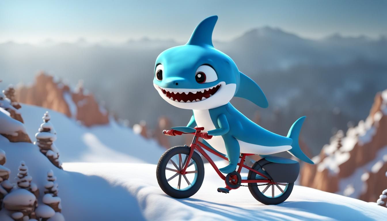 Baby Blue Shark Rides Bike in Winter