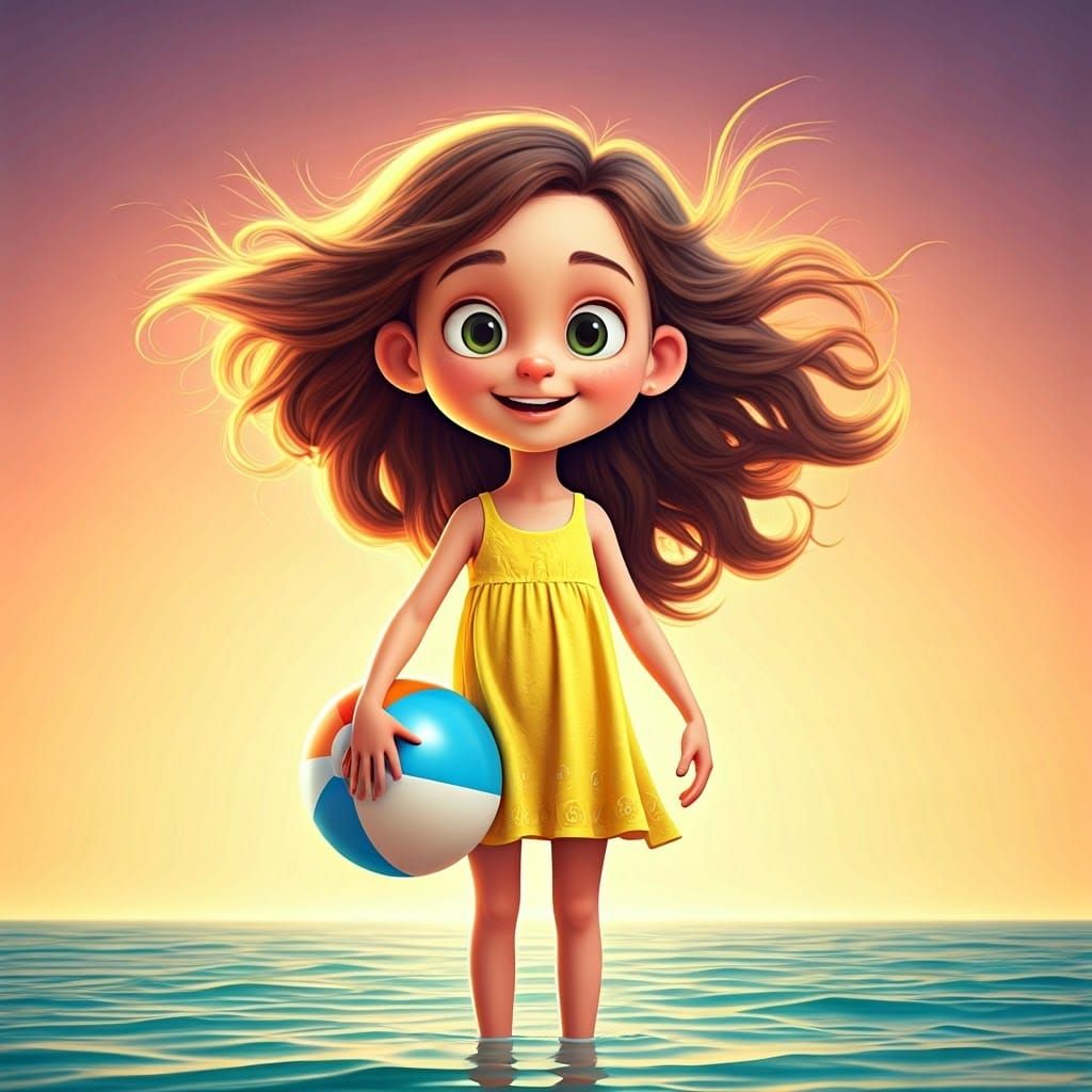 Girl in Vibrant Beach Scene with Pixar-Inspired Color Palett...