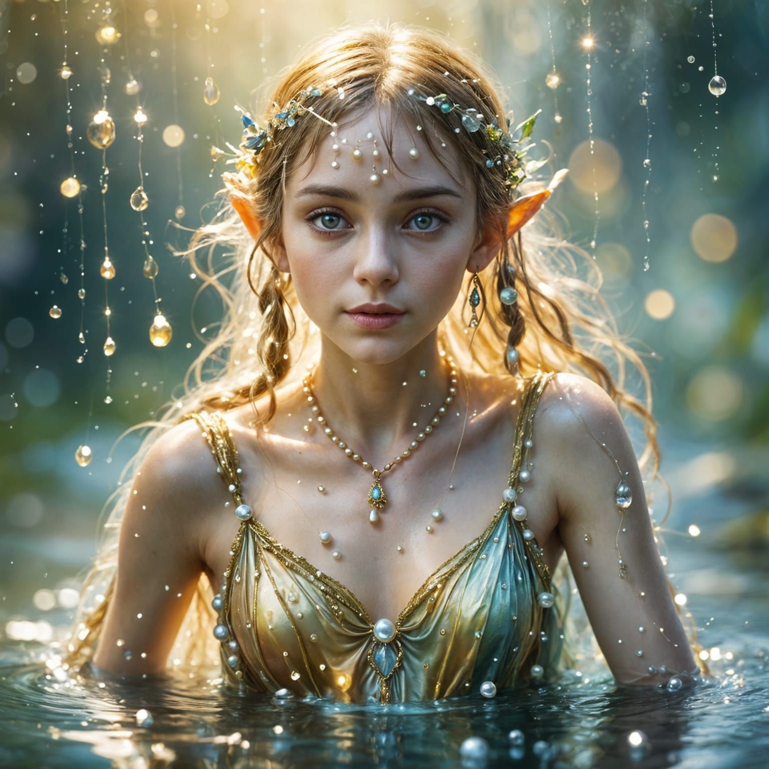 Ethereal Fairy Elf Emerge from Shimmering Water Pearls