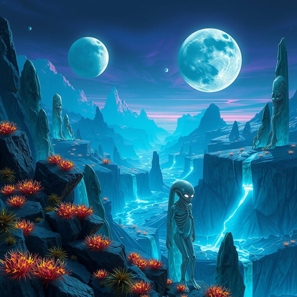 Alien Planet with Bioluminescent Flora and Floating Islands