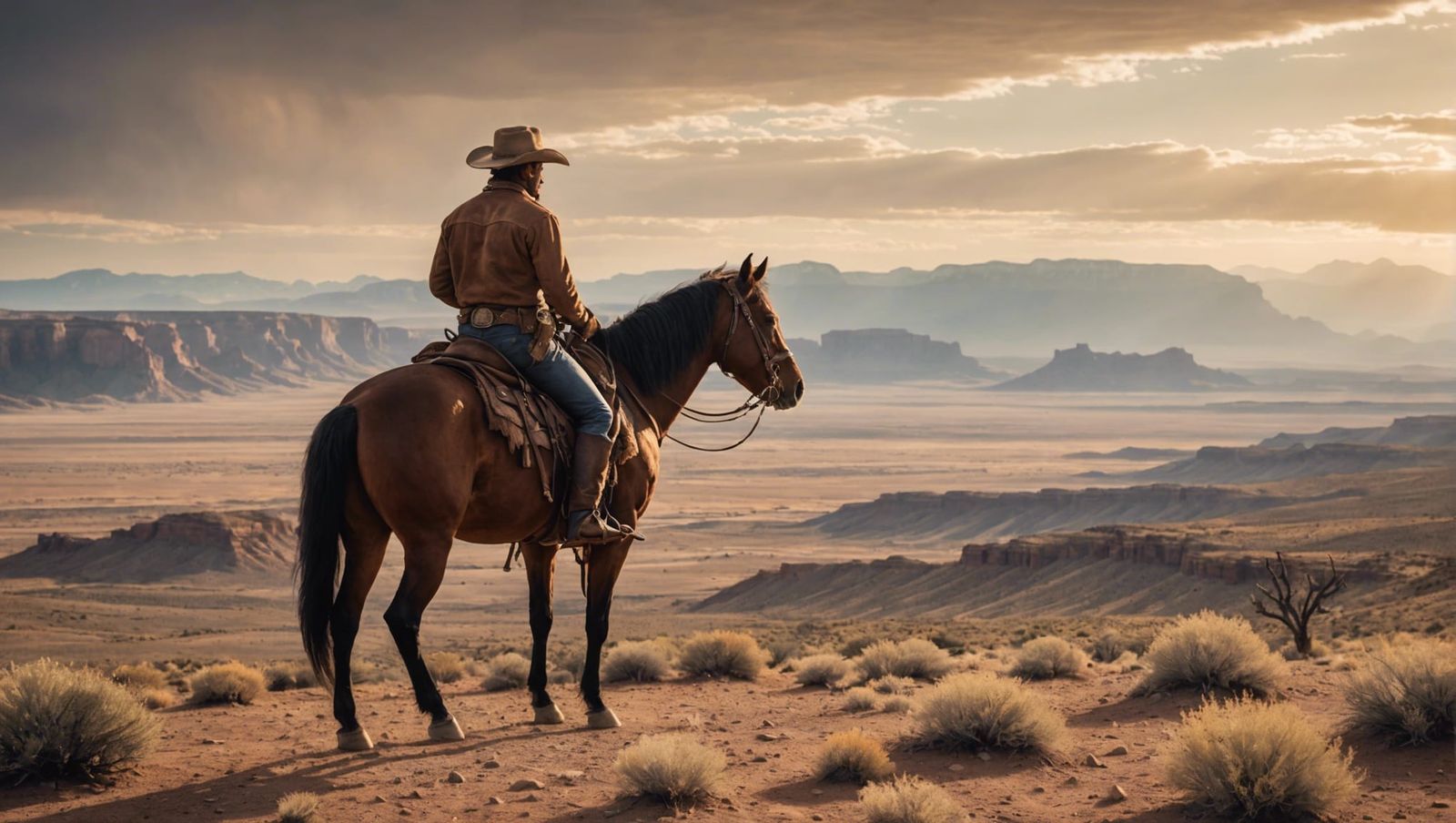 Vibrant Cowboy Scene in Dusty Desert Landscape