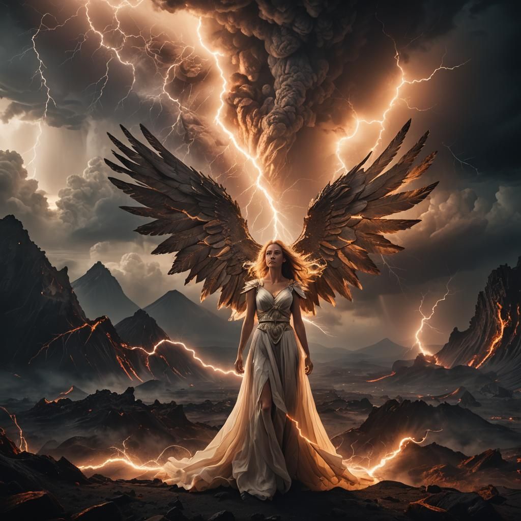 Ethereal Angel in Volcanic Landscape, Cinematic Still