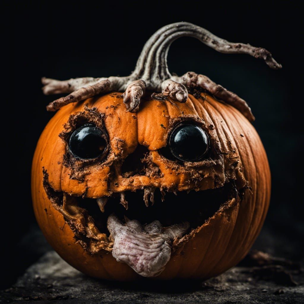 Surreal Rotten Pumpkin Portrait with Chicken Legs