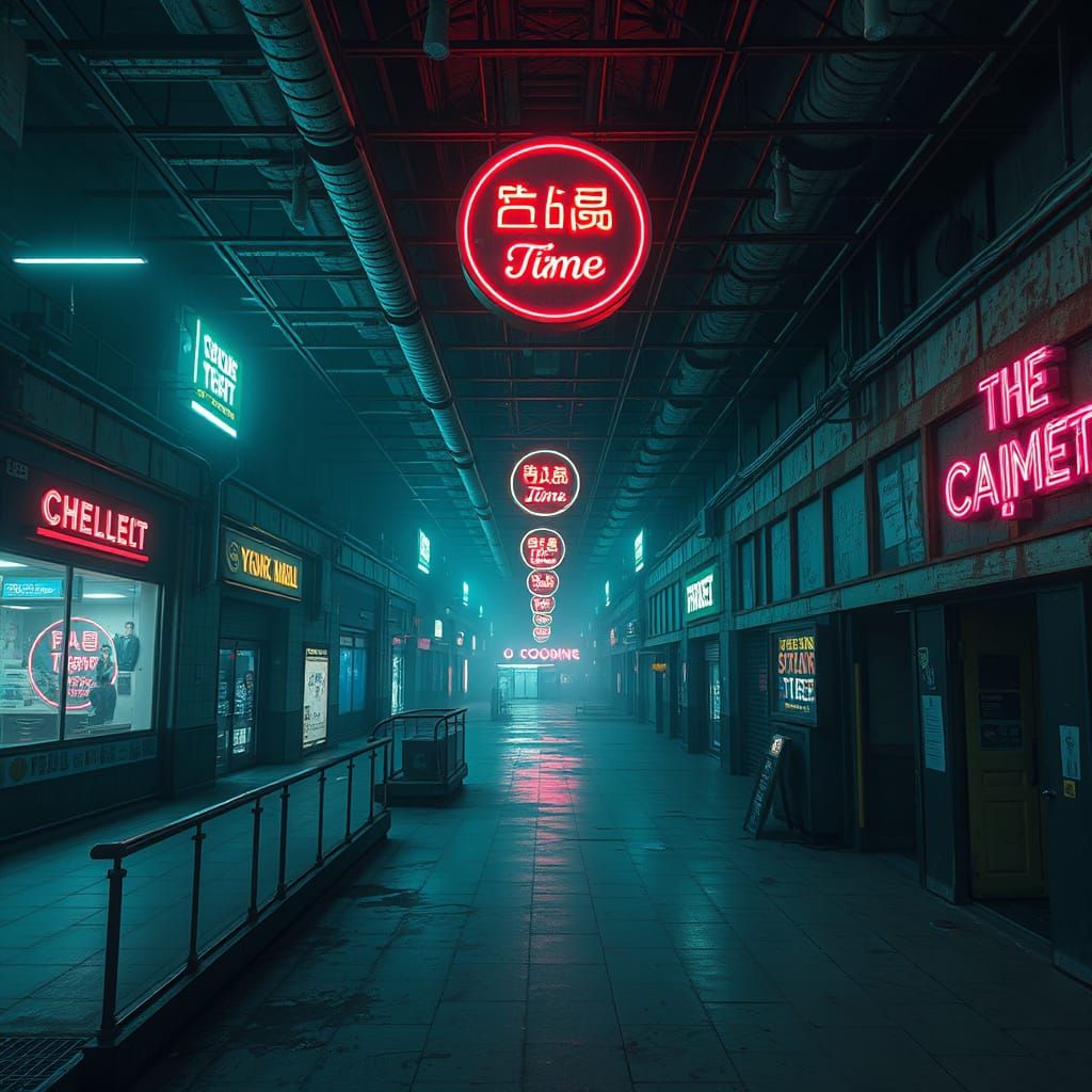 Cyberpunk Abandoned Mall in Eerie Twilight