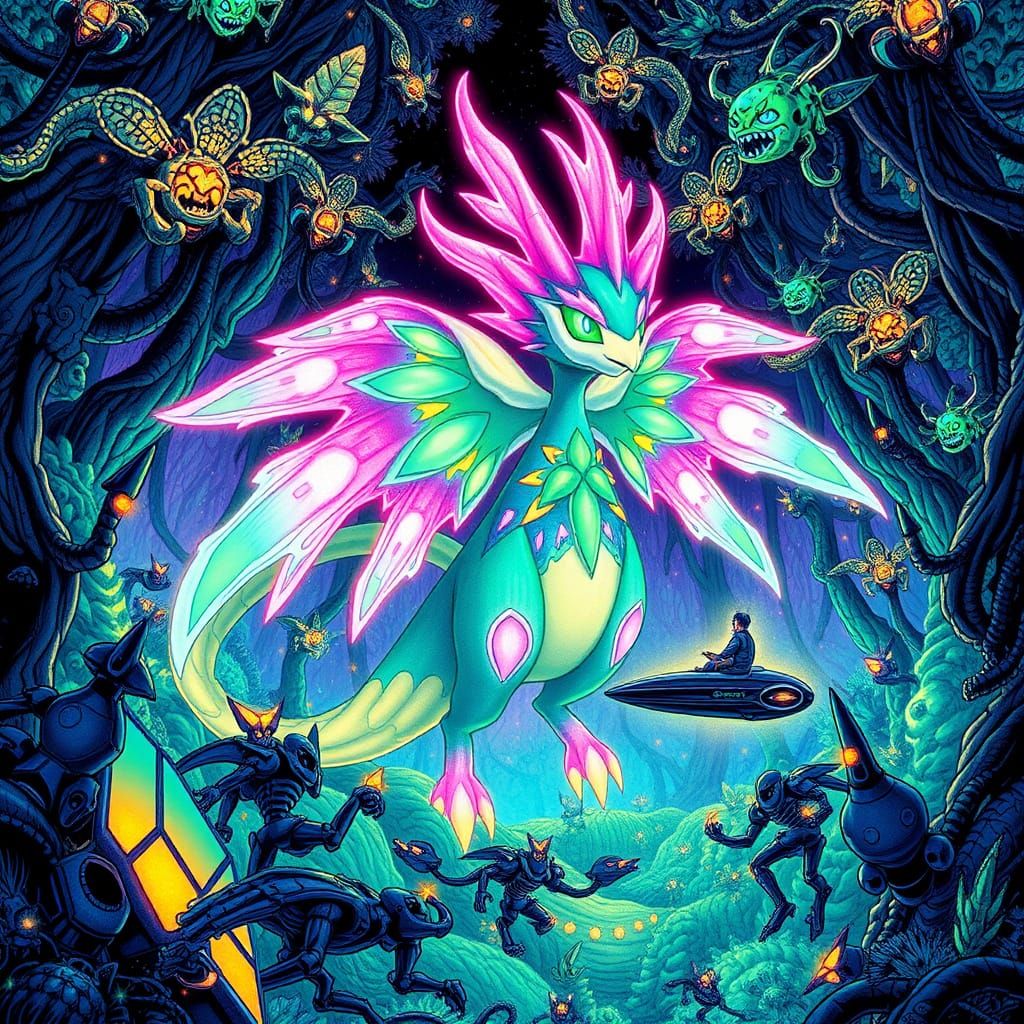 Psychedelic Shaymin Battles Metallic Beasts in Alien Forest
