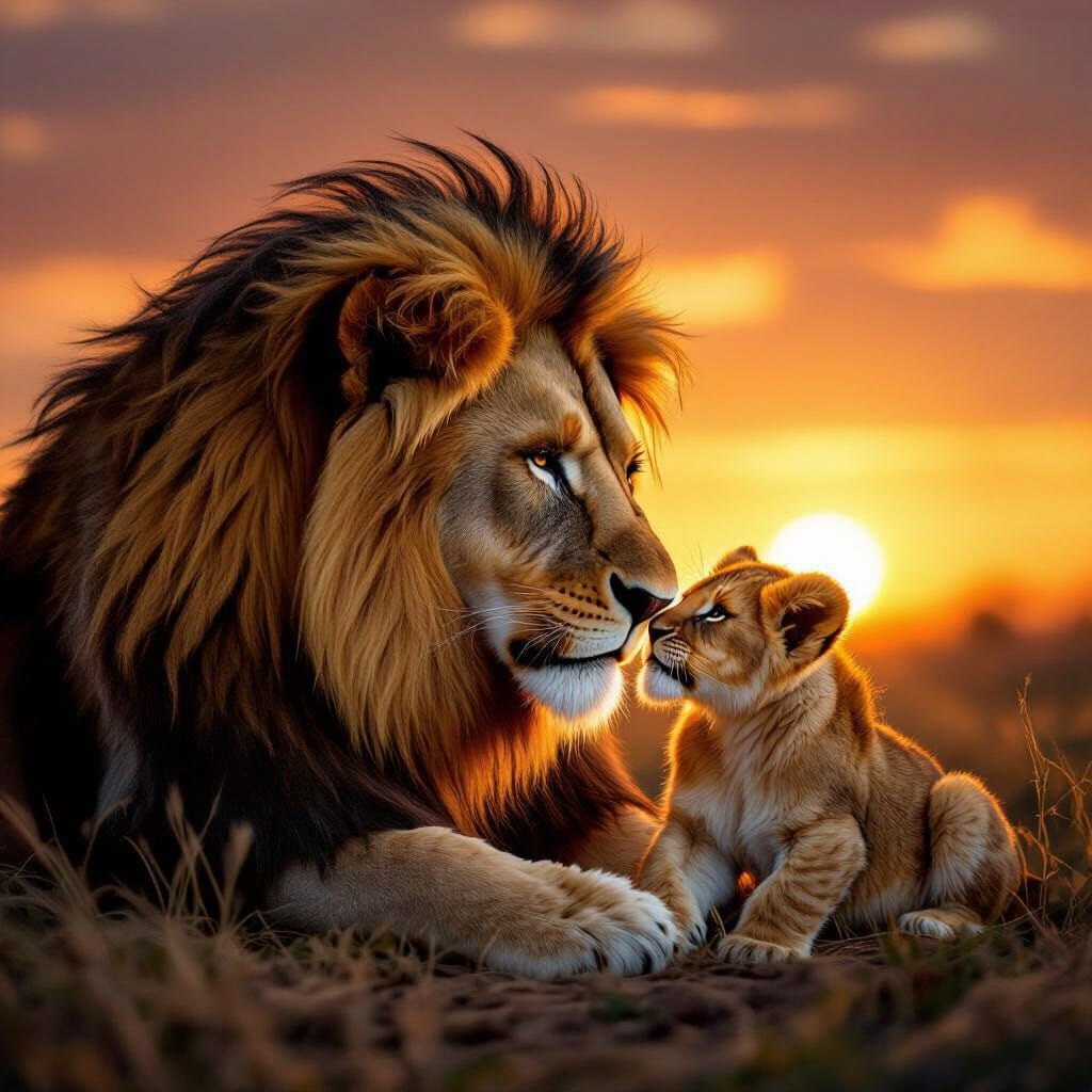 Lion Nuzzles Cub at Sunset in Romantic Realism Style