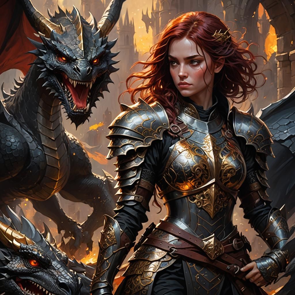 Girl on Black Dragon: Fantasy Art