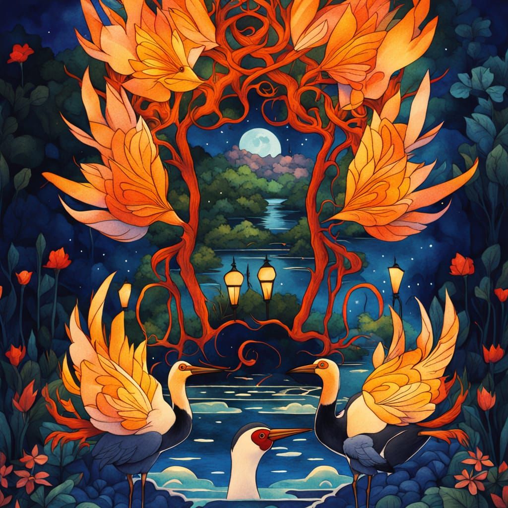 Red-Crowned Crane in Ghibli Style Fantasy Garden