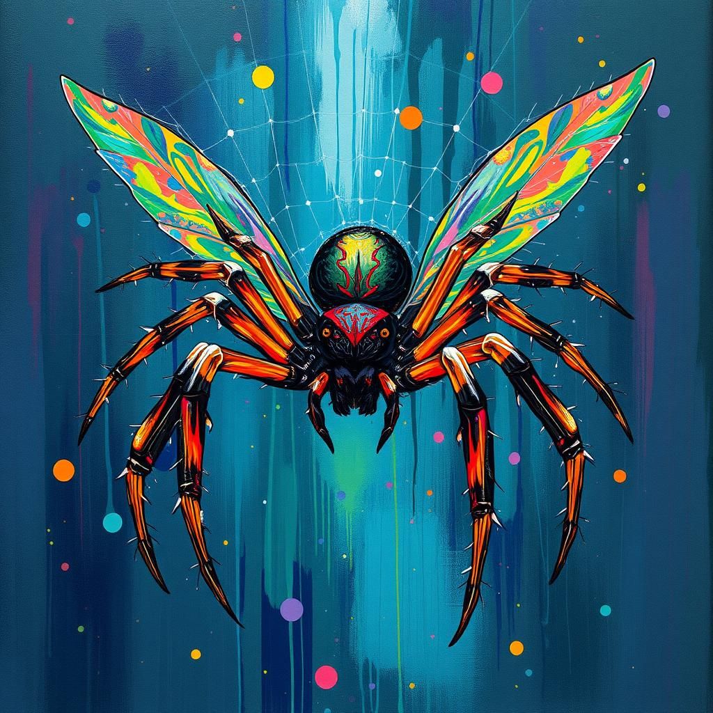 Biopunk Spider Fairy in Asymmetrical Comic Painting