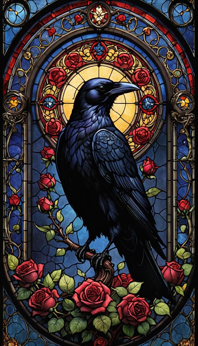 Gothic Stained Glass Raven in Roses