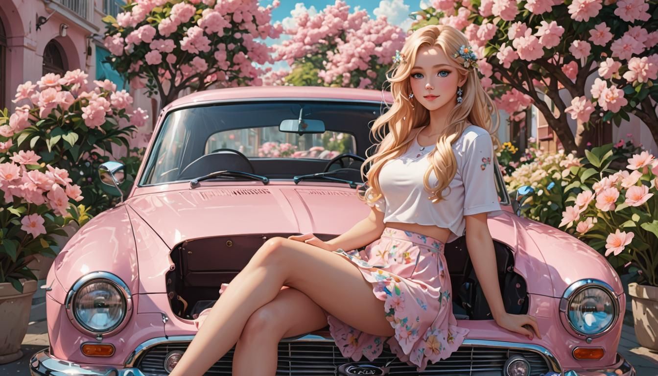 Anime Girl on Flowery Pink Car, Artgerm Style