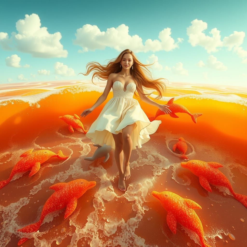 Woman Gliding Over Soda Sea with Candy Dolphins