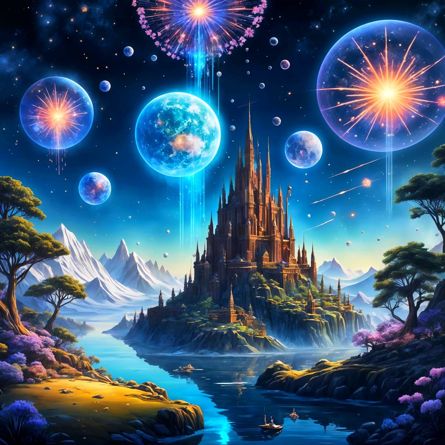 Cosmic New Year's Celebration on a Celestial Island