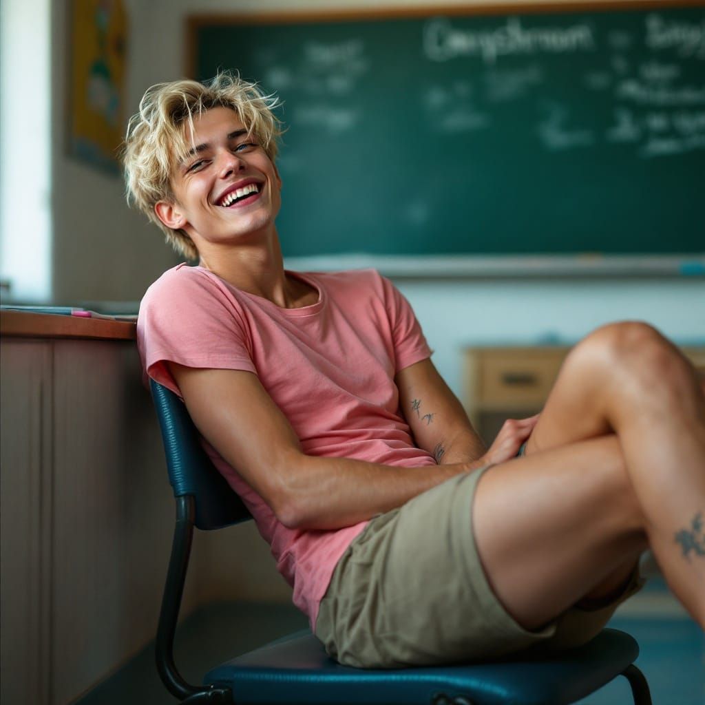 Androgynous Youth Leans Back in Classroom Chair