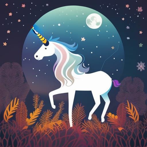 Unicorn and Moon Vector Art in Surreal Style