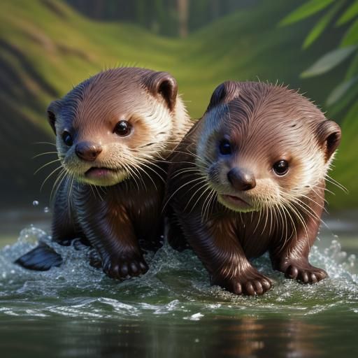 Cute Baby Otters Playing: Realistic Nature Scene