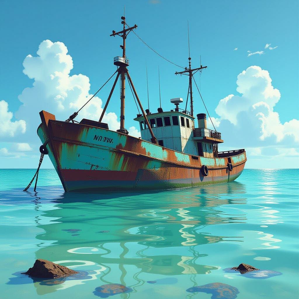 Shipwreck in Shallow Water, Hyperrealistic Comic Style