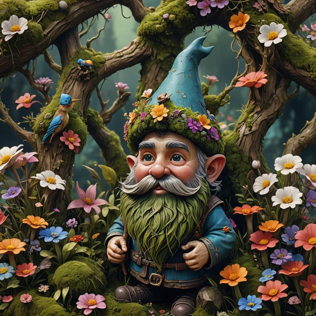 Gnome with Whimsical Moss Beard, Fantasy Art