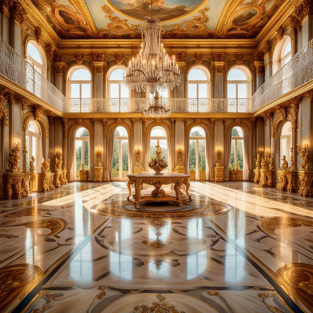 Baroque Palace Interior with Golden Sunlight