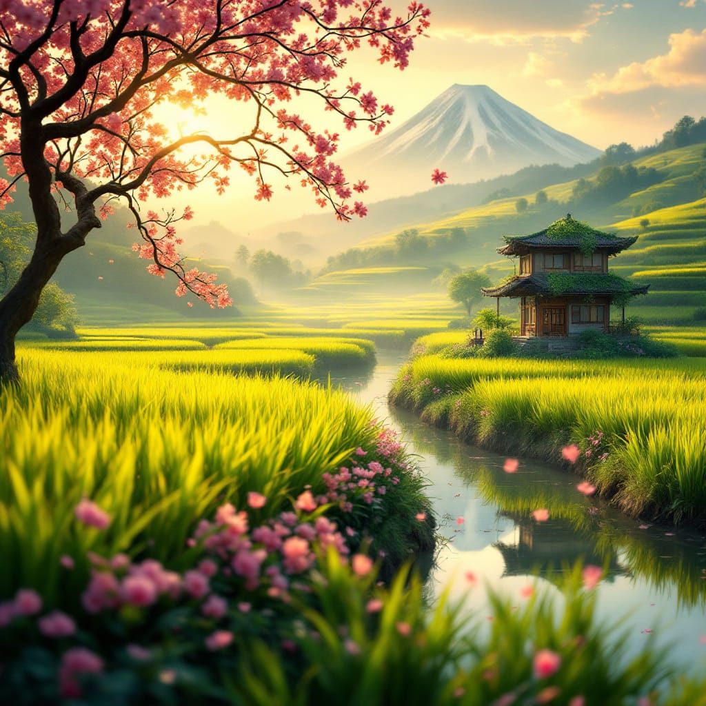 Miniature Rice Fields with Sakura and Fuji Mountain
