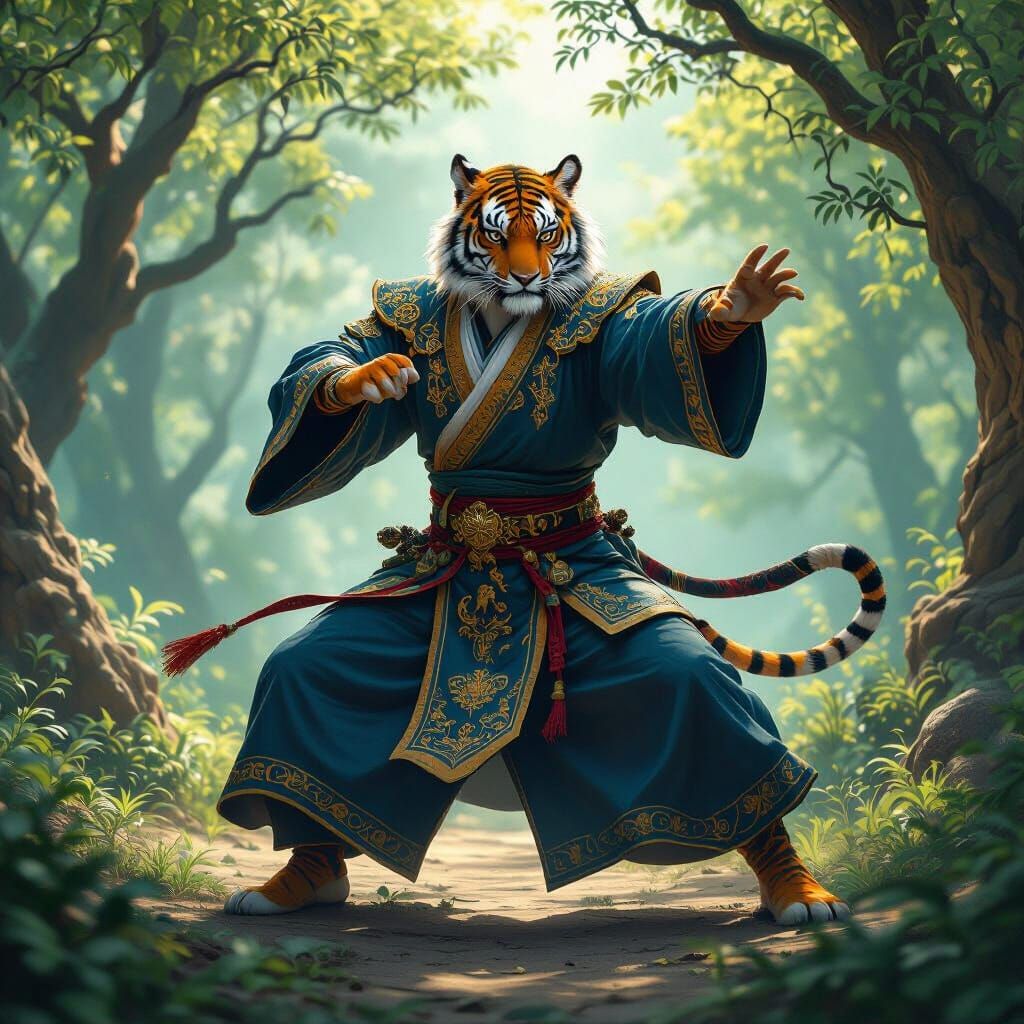 Tiger Monk Warrior in Serene Forest Clearing